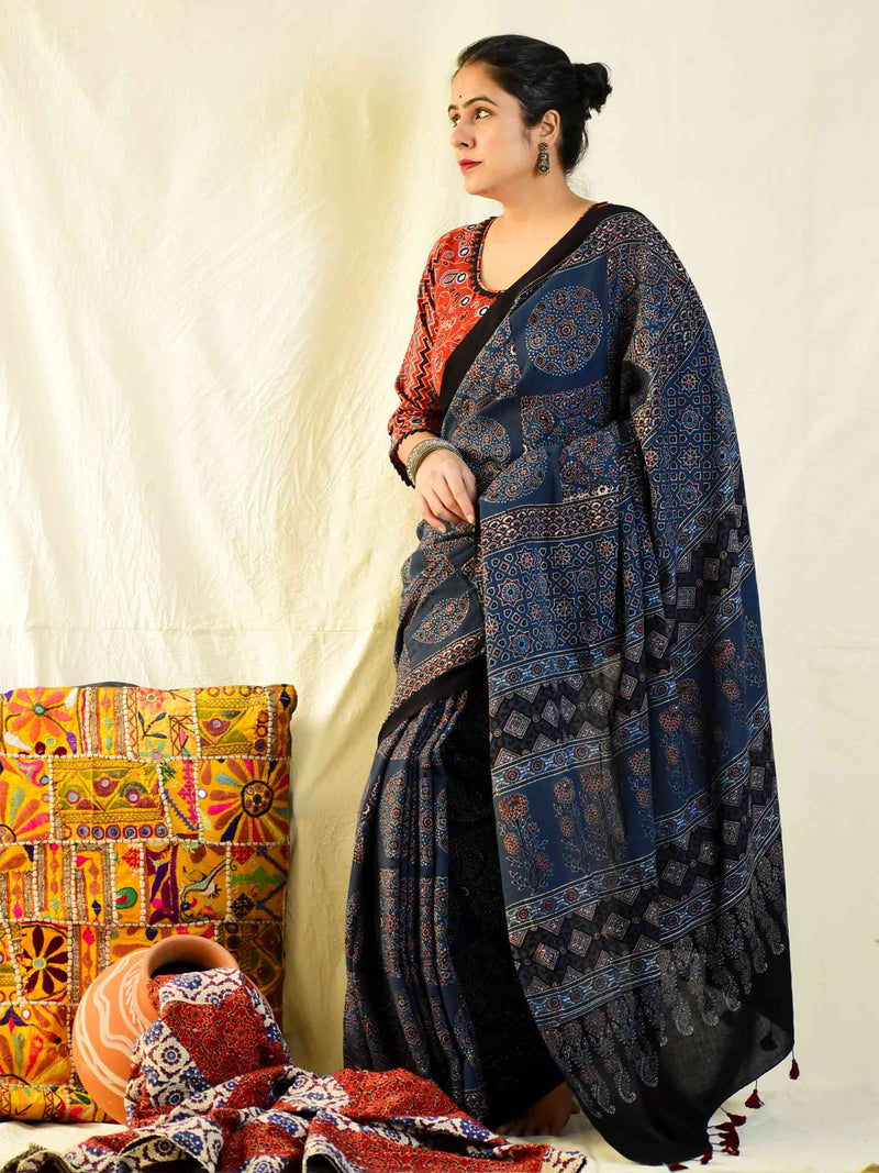 Awaaz -  Ajrakh hand block printed mul cotton saree