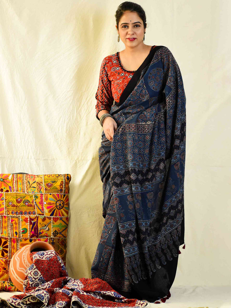 Awaaz -  Ajrakh hand block printed mul cotton saree