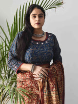Buy Blue Floral Ajrakh hand block printed Kutch mirror work blouse