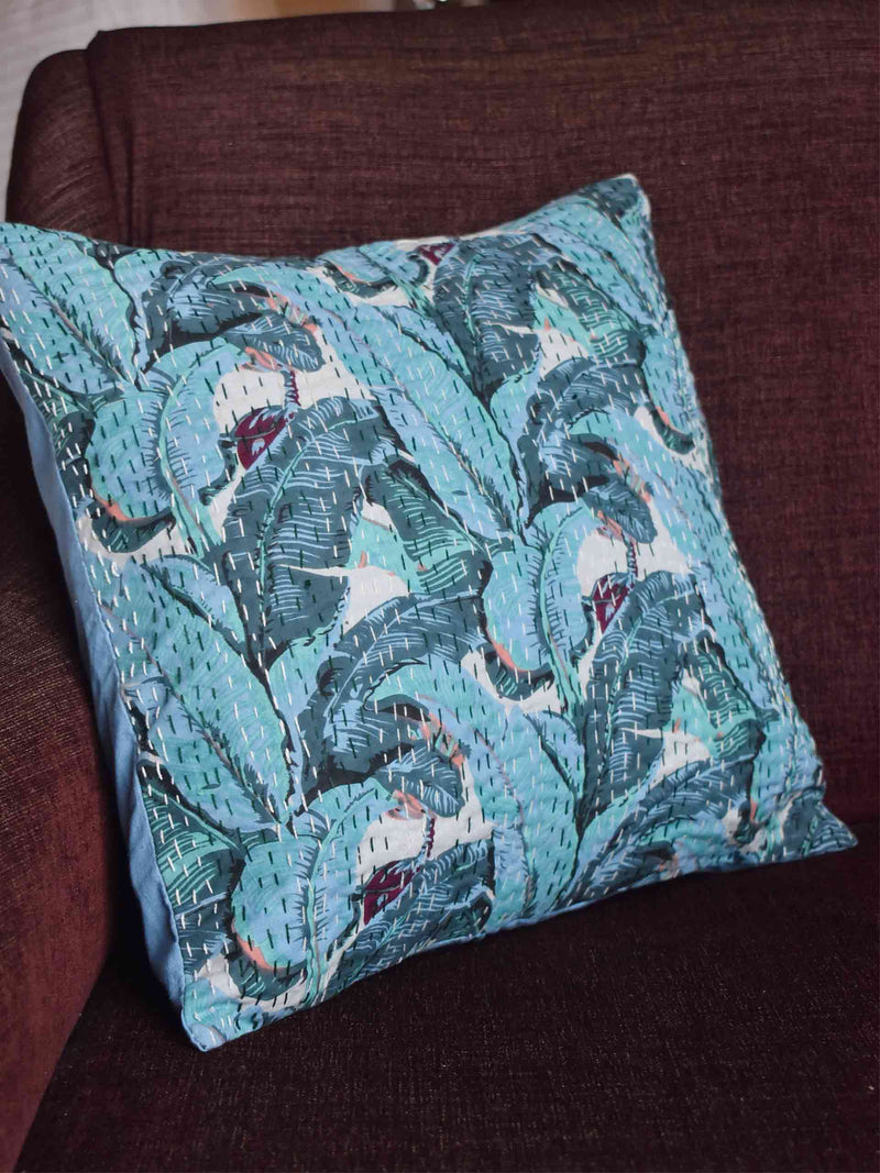 Palms -  kantha embroidered cushion cover 16X16
