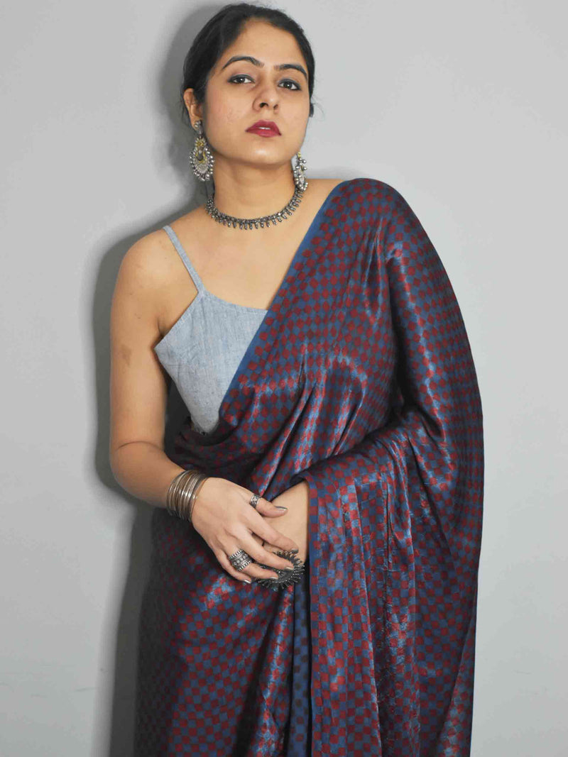 Ajrakh mashru silk saree draping