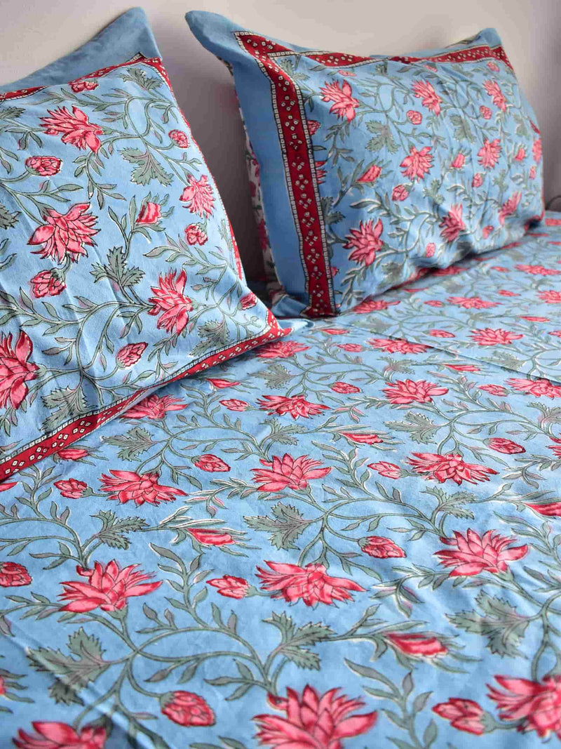 Floral - Hand block printed COTTON DOUBLE BEDSHEET WITH PILLOW COVERS