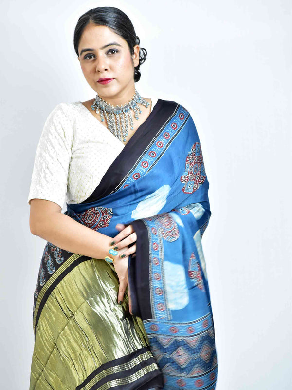 Blue moon - Ajrakh hand block printed Modal Silk zari pallu Saree