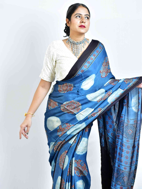 Blue moon - Ajrakh hand block printed Modal Silk zari pallu Saree
