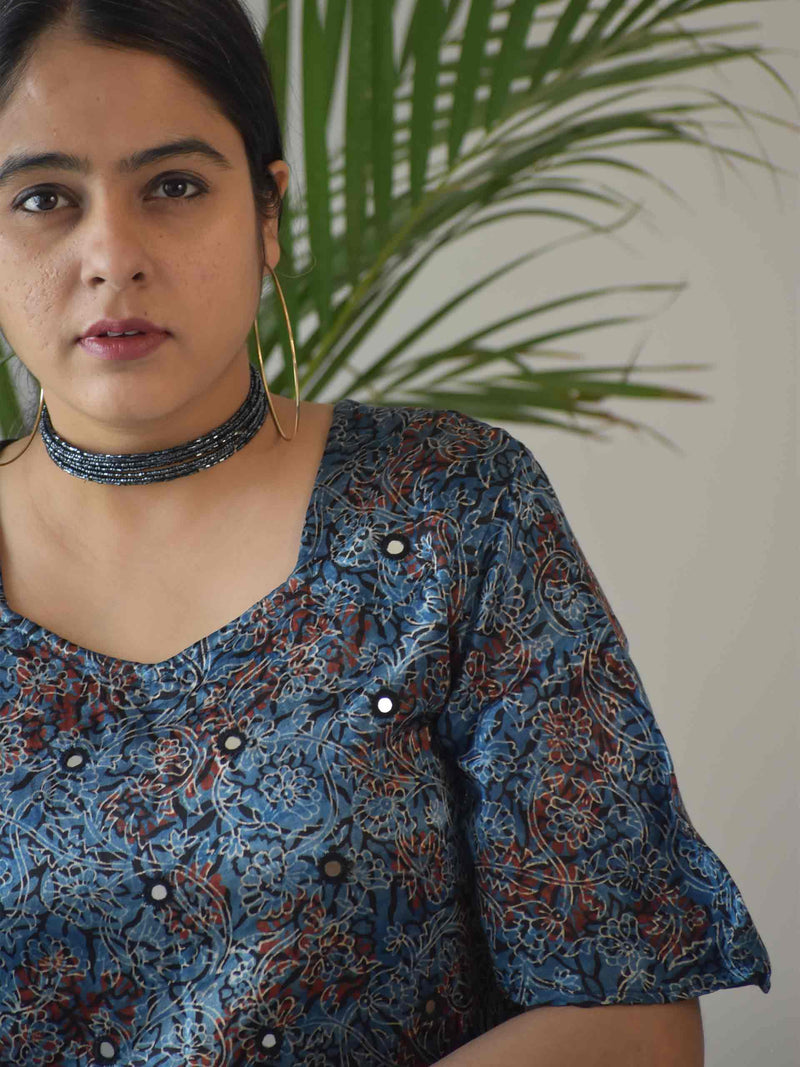 Buy Blue-Butterfly Ajrakh Mashru Silk Blouse