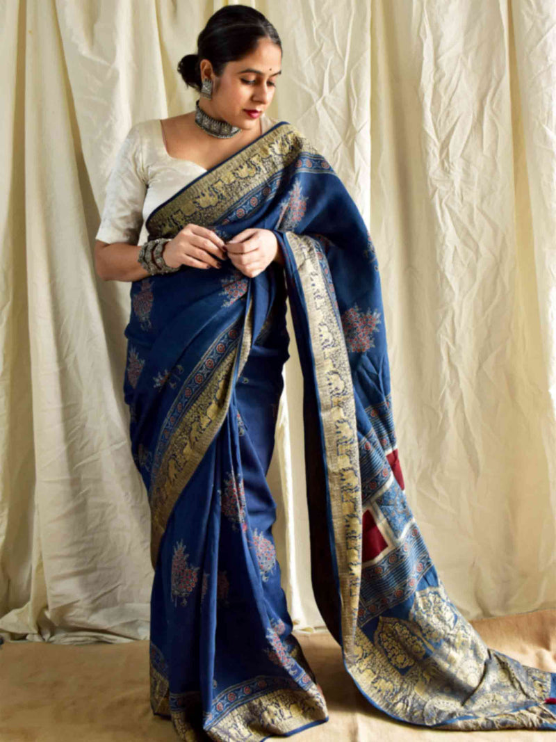 Mridang - Ajrakh hand block printed Dola Silk zari border Saree