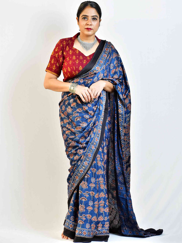 Lakes  - Ajrakh hand block printed Modal Silk Saree