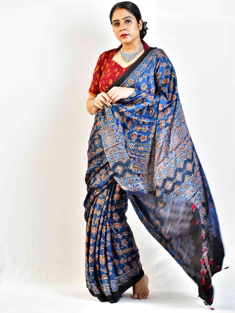 Lakes  - Ajrakh hand block printed Modal Silk Saree