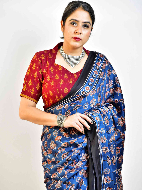 Lakes  - Ajrakh hand block printed Modal Silk Saree