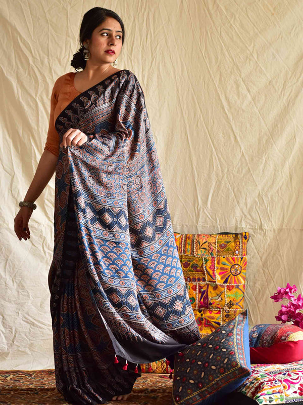 Luna - Ajrakh hand block printed Modal Silk Saree