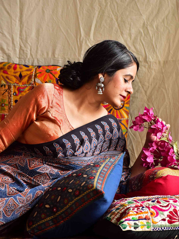 Luna - Ajrakh hand block printed Modal Silk Saree