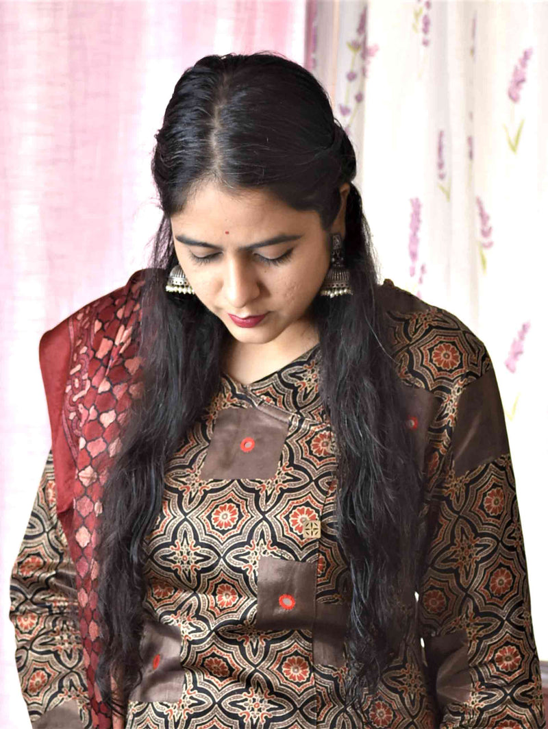 Brown Ajrakh Mashru Silk mirror work kurti