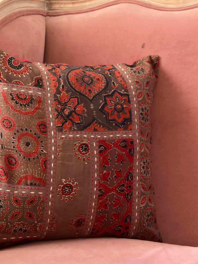 sama - Ajrakh patchwork kantha embroidered cushion cover 16X16