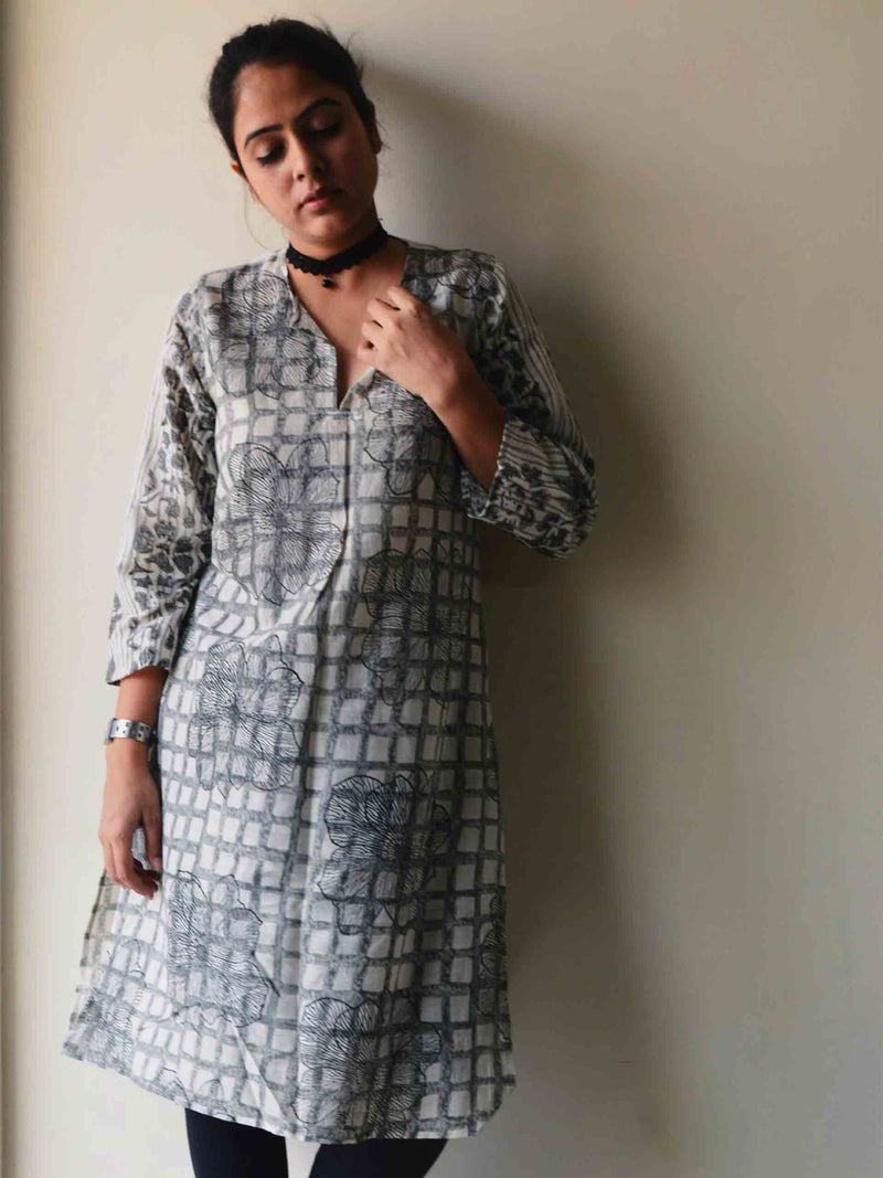 Black Hand block printed handwoven cotton kurti