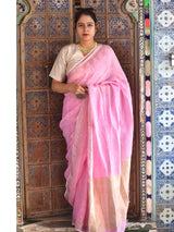 Pink Linen handwoven saree with temple border