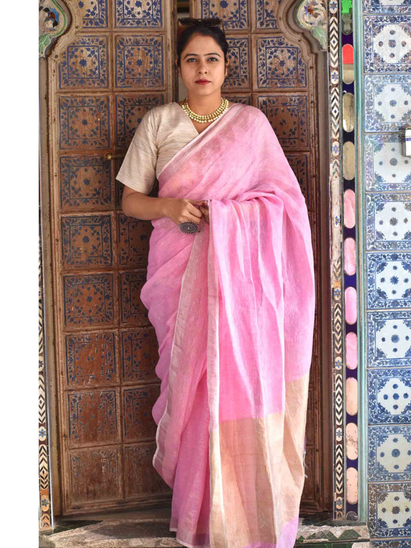 Pink Linen handwoven saree with temple border