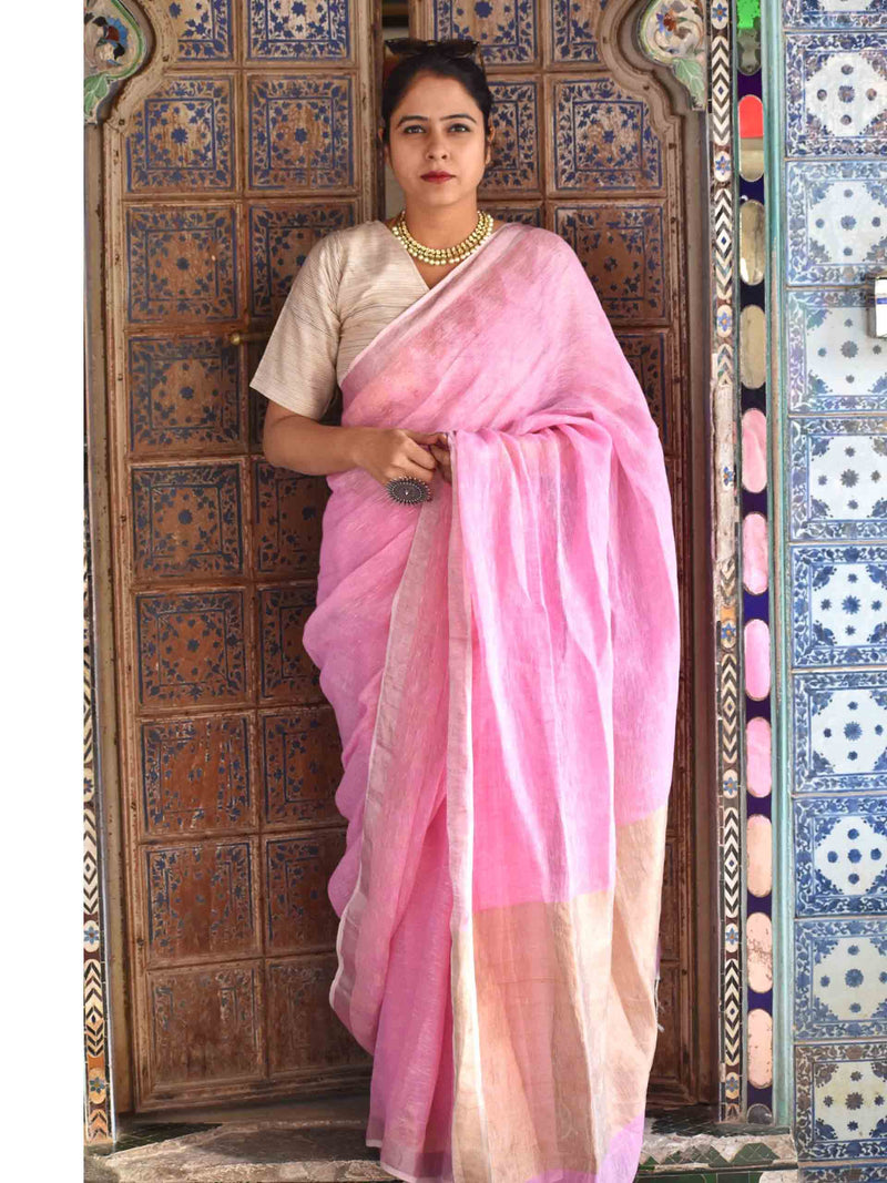 Pink Linen handwoven saree with temple border