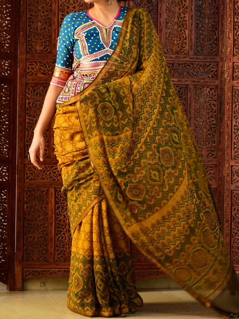 Sitaaron - Ajrakh handloom Kota Doria saree with zari border