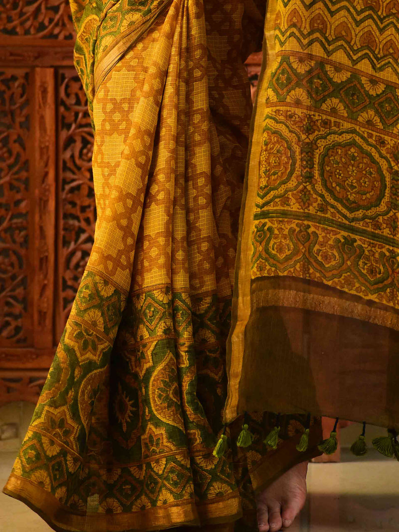 Sitaaron - Ajrakh handloom Kota Doria saree with zari border