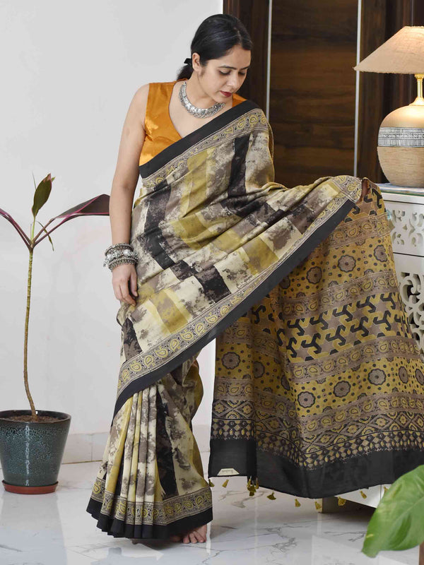 Ajrakh hand block printed Chanderi silk saree