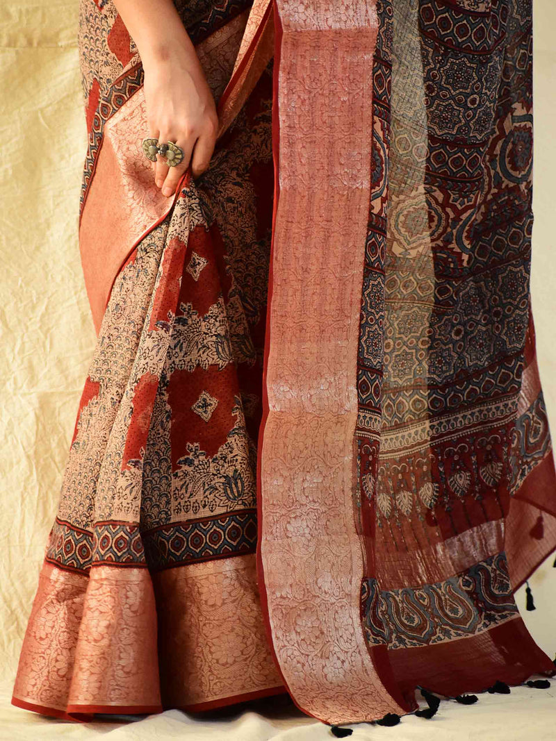 Roshini - Ajrakh handloom Kota Doria saree with zari border