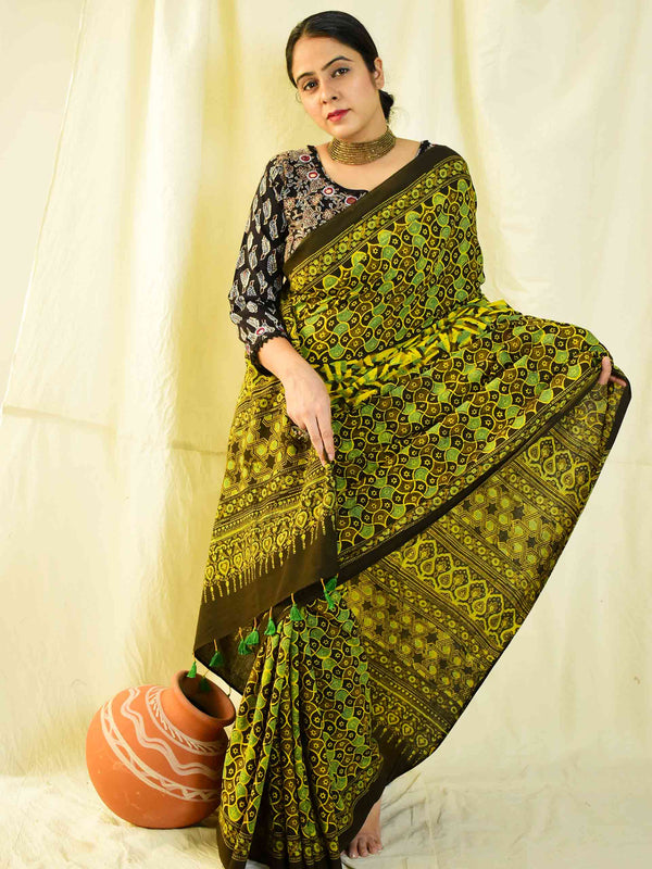 sabr -  Ajrakh hand block printed mul cotton saree