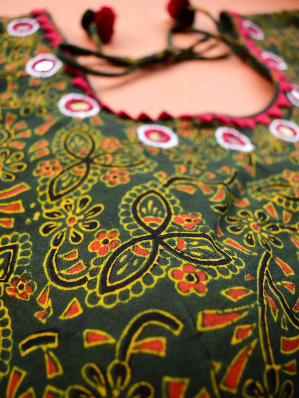 Green floral leaf Ajrakh Kutch mirror work blouse
