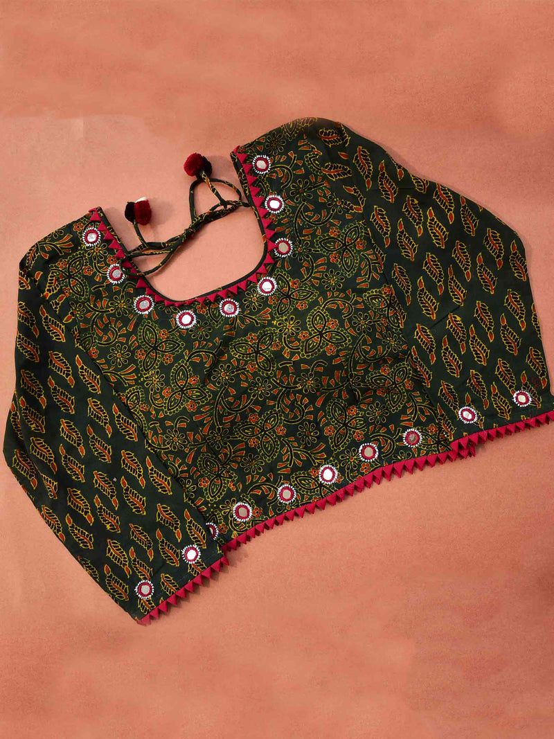Green floral leaf Ajrakh Kutch mirror work blouse