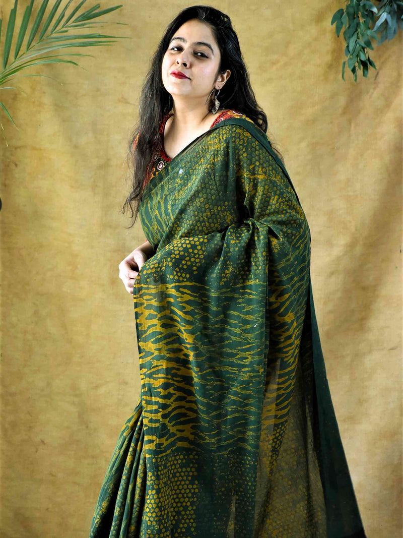 Ajrakh hand block printed mul cotton saree