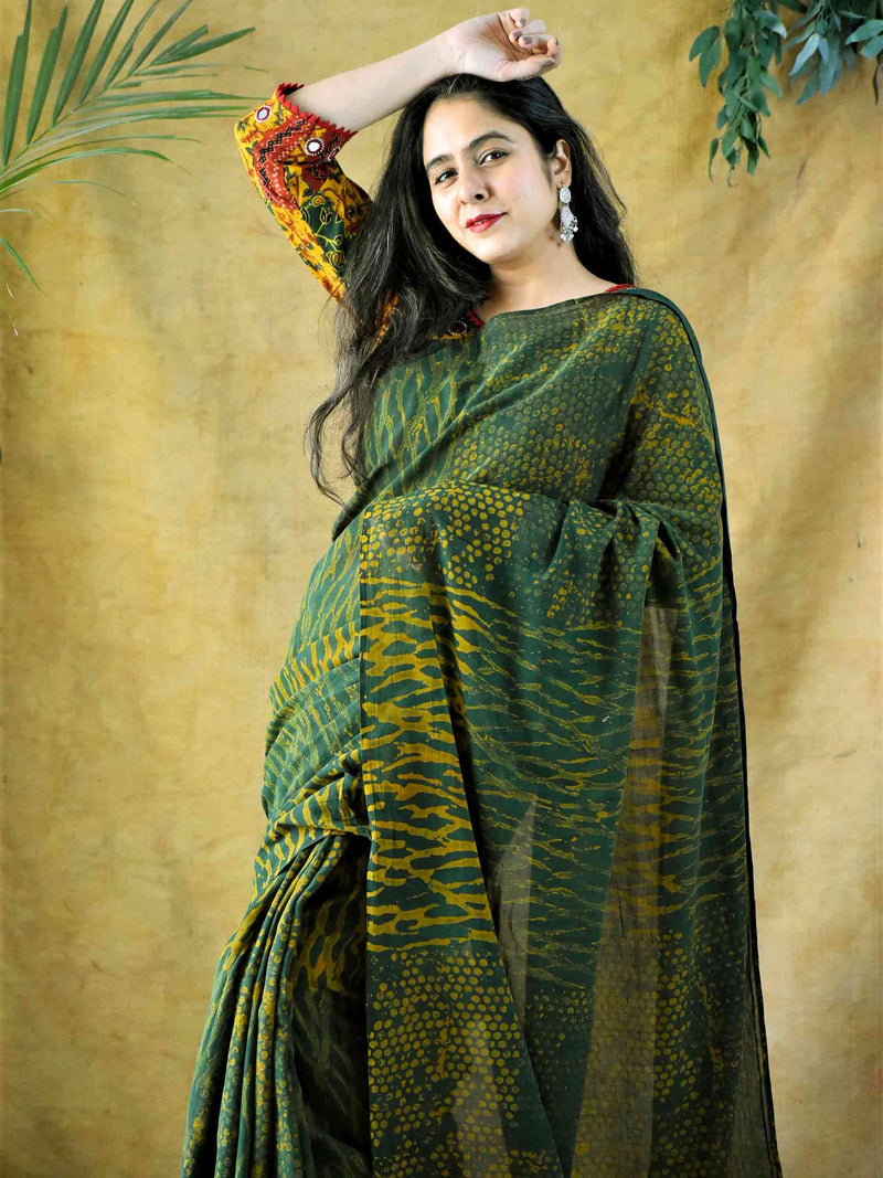 Ajrakh hand block printed mul cotton saree