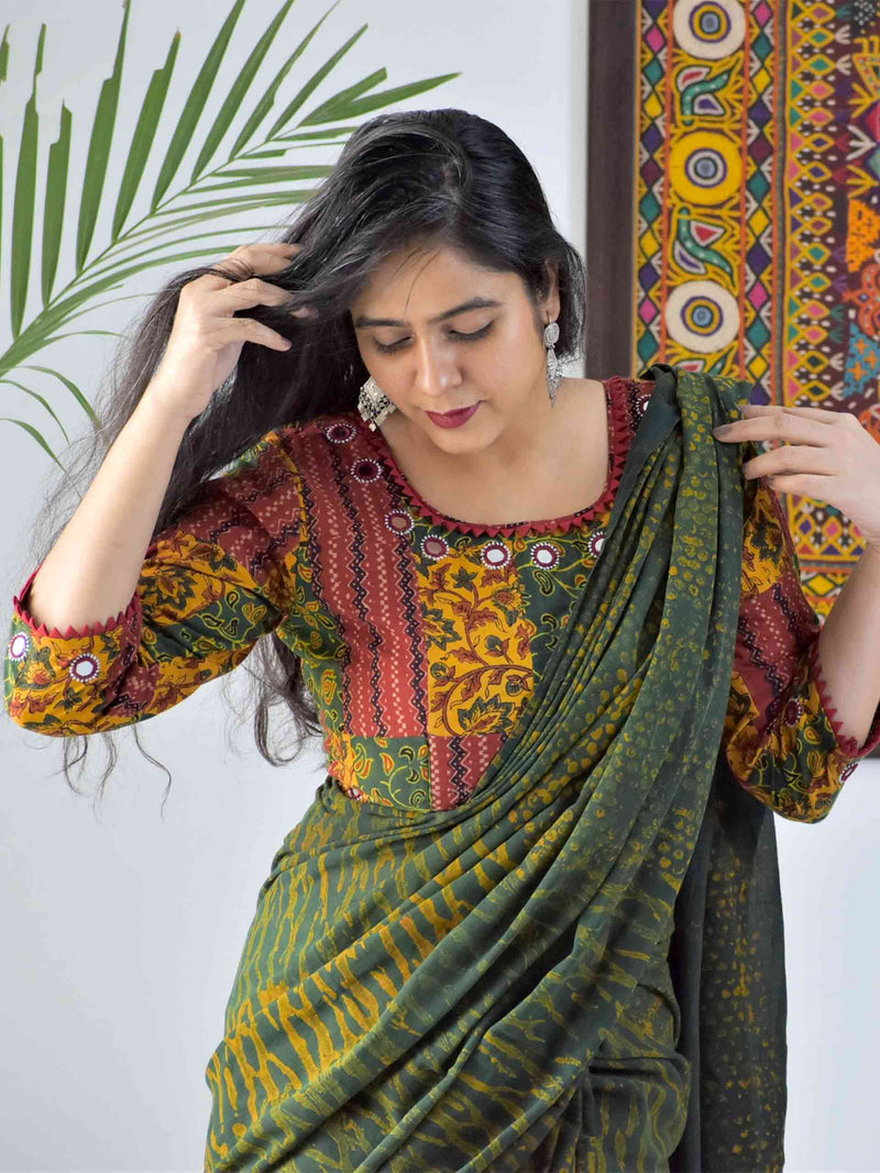 Ajrakh hand block printed mul cotton saree