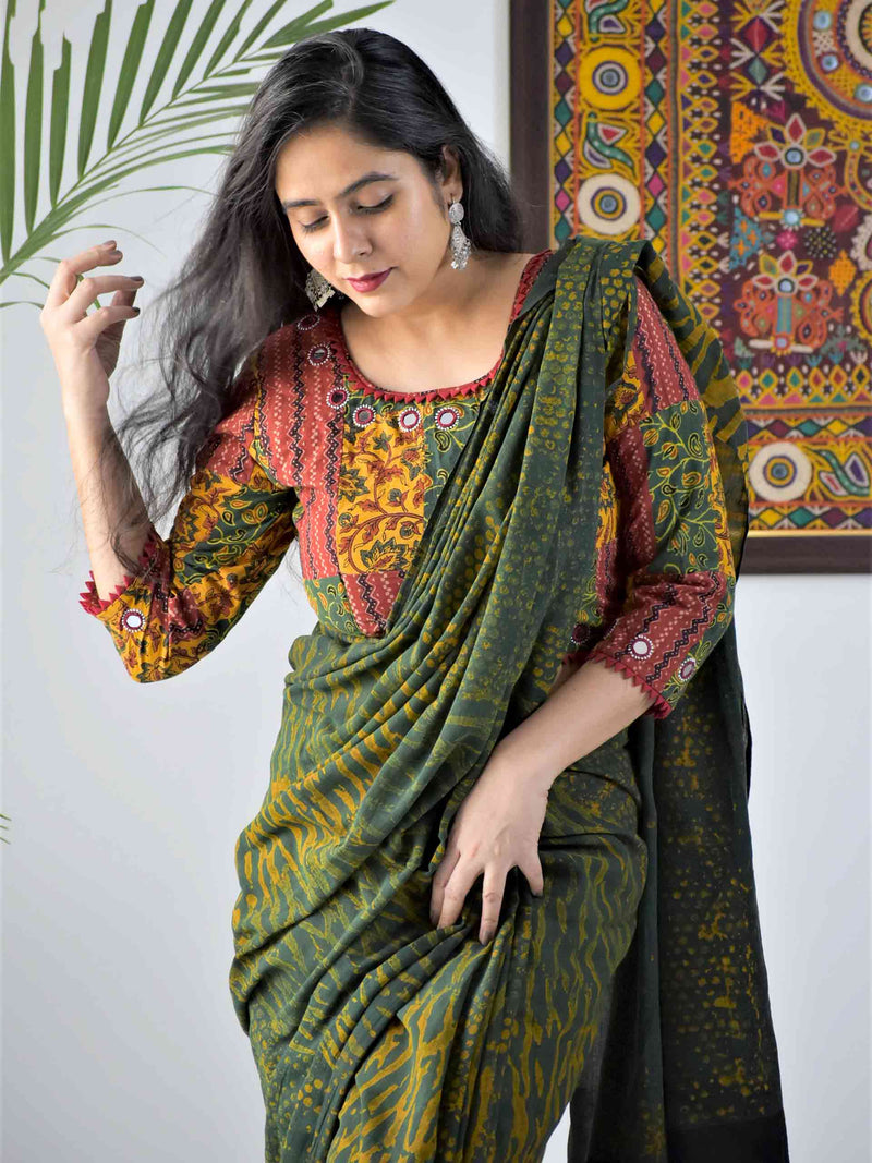 Ajrakh hand block printed mul cotton saree