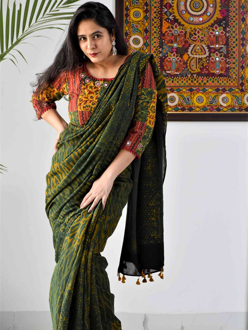 Ajrakh hand block printed mul cotton saree