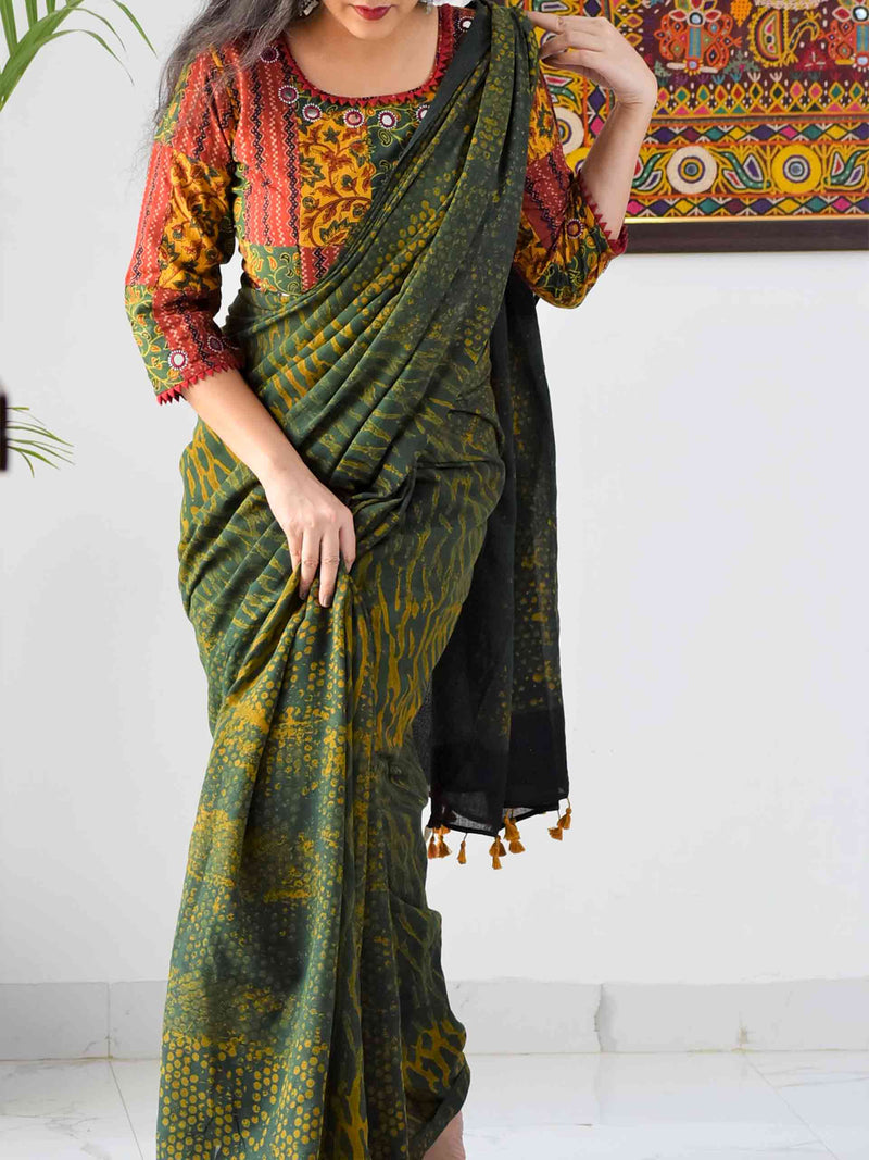 Ajrakh hand block printed mul cotton saree