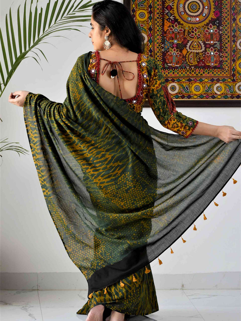 Ajrakh hand block printed mul cotton saree