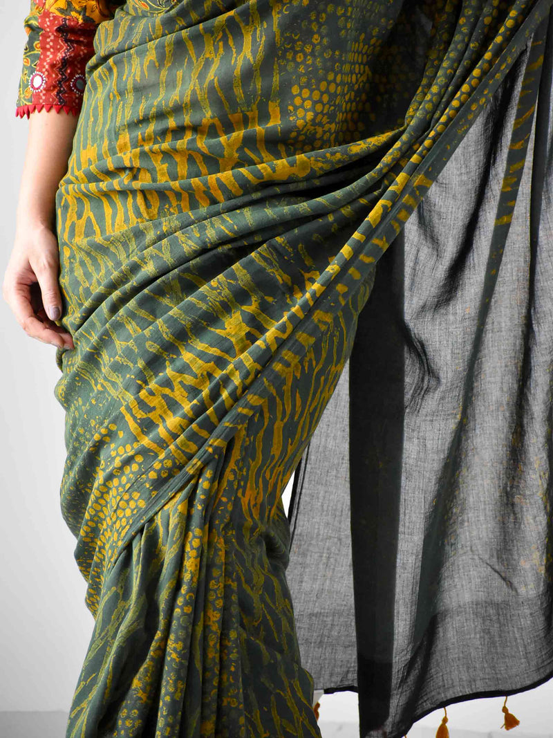 Ajrakh hand block printed mul cotton saree