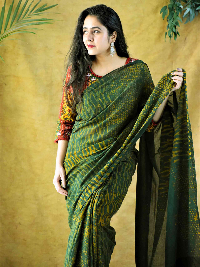 Ajrakh hand block printed mul cotton saree