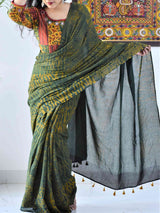 Ajrakh hand block printed mul cotton saree