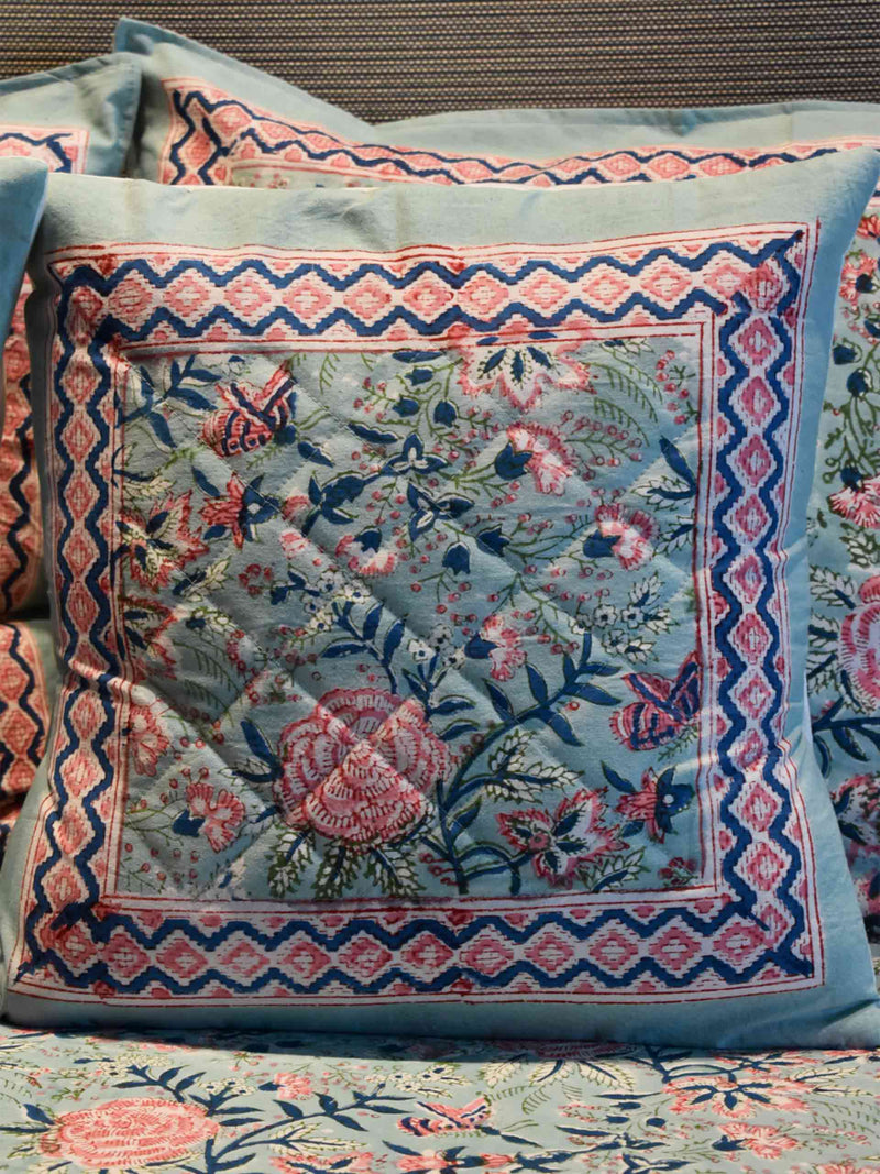Miraj - Hand block printed quilted cotton cushion cover 16X16