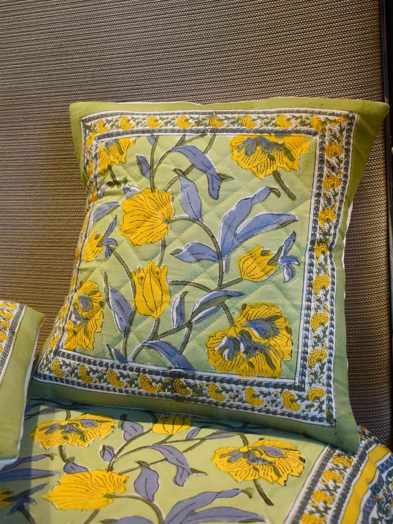 Soulful - Hand block printed quilted cotton cushion cover 16X16