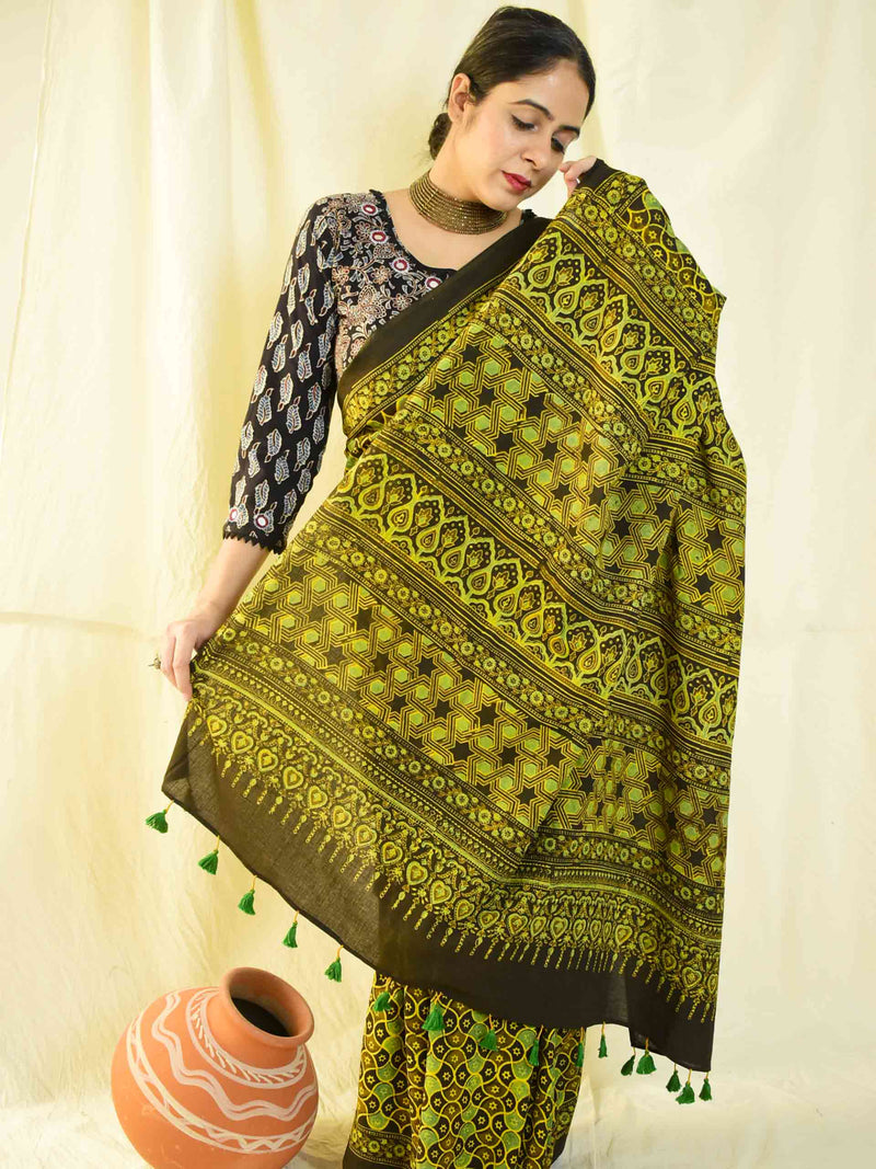 sabr -  Ajrakh hand block printed mul cotton saree