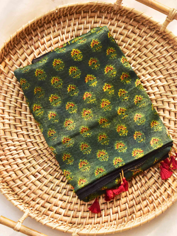 Pastures - Ajrakh hand block printed Mashru silk stole