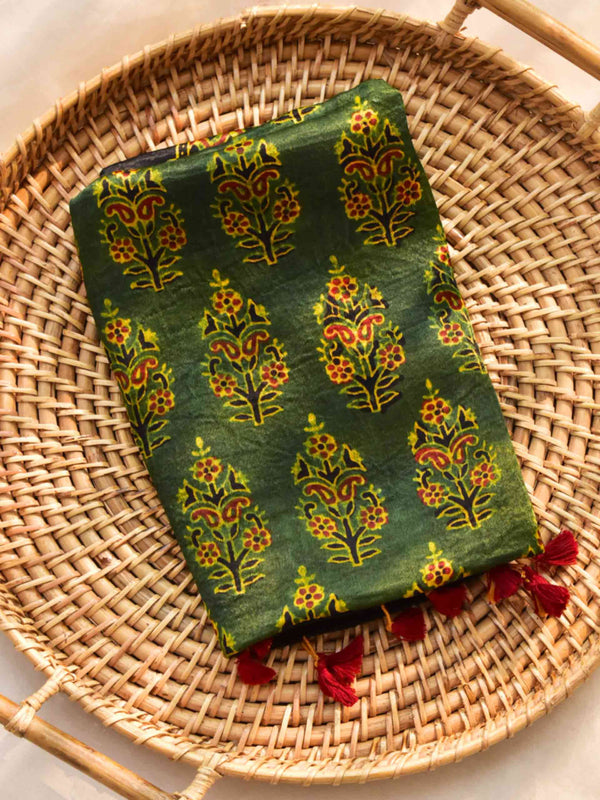 Moss - Ajrakh hand block printed Mashru silk stole
