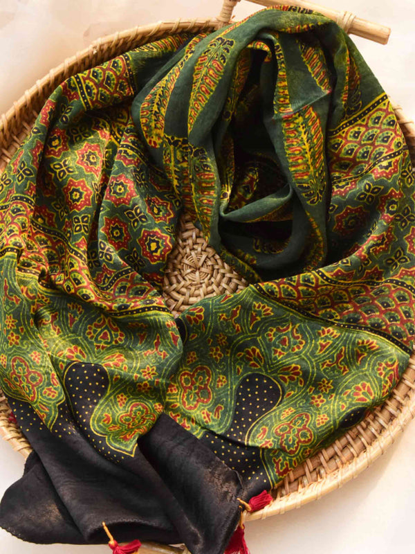 Maze - Ajrakh hand block printed Mashru silk stole