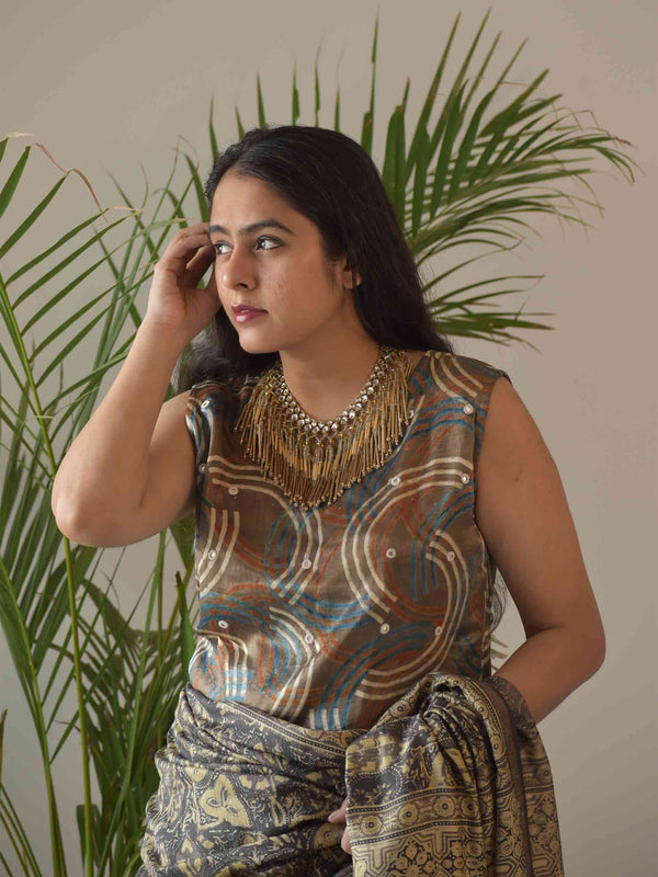 Grey Circle Ajrakh Mashru Silk Blouse