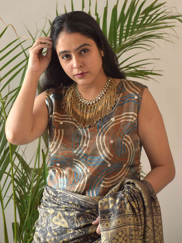 Grey Circle Ajrakh Mashru Silk Blouse
