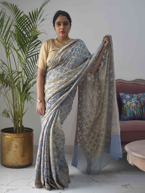 Grey banarasi silk saree for wedding and festive wear