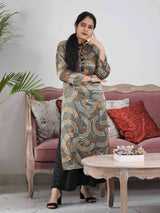 Grey Ajrakh Mashru Silk Kurti Dress mirror work