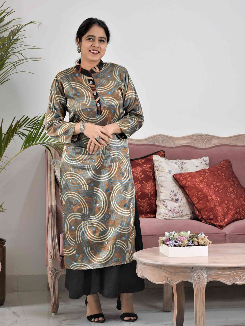 Grey Ajrakh Mashru Silk Kurti Dress