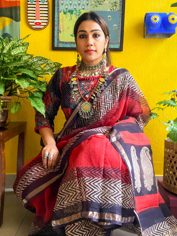 Prakriti - Dabu Handblock printed Kota Doria saree
